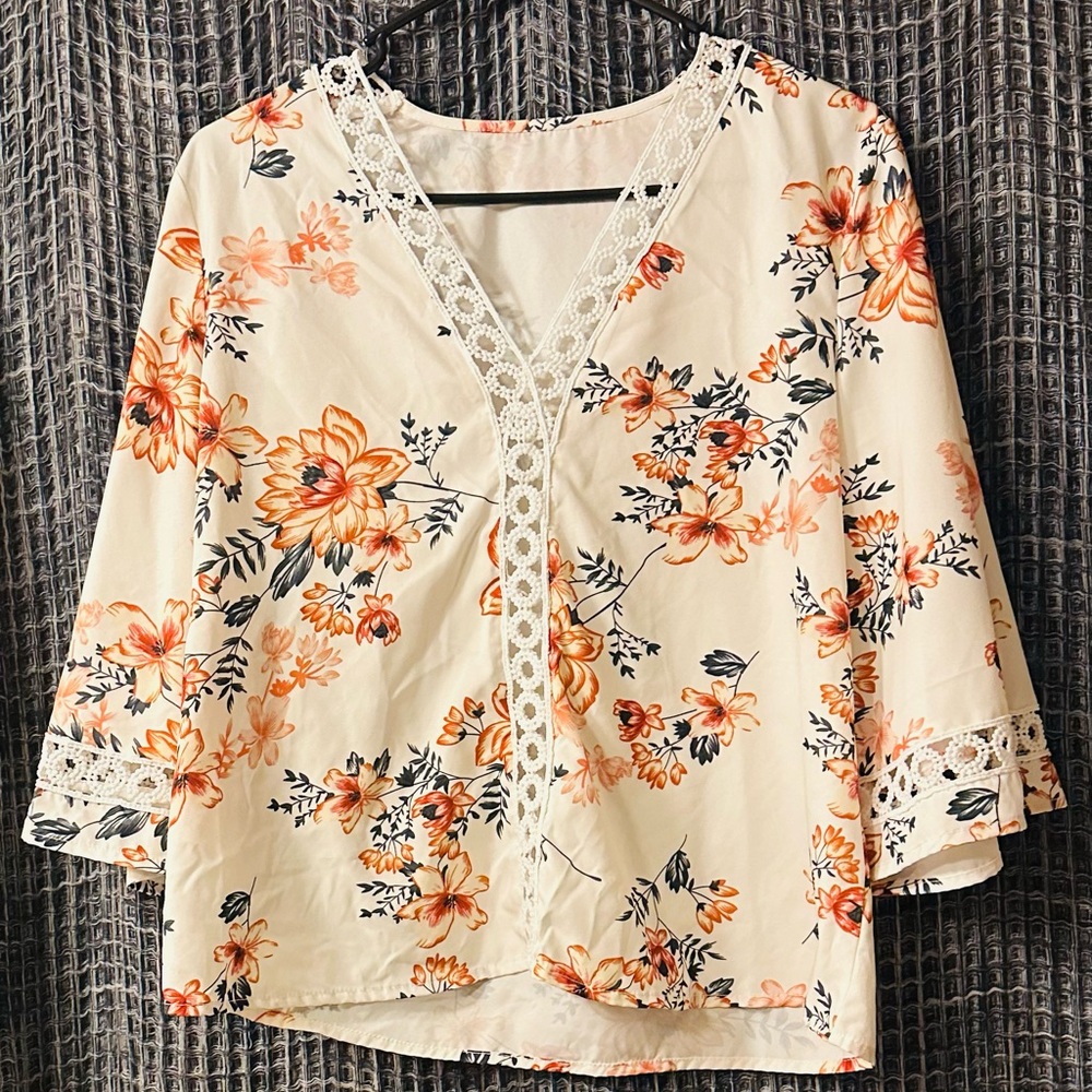 SHEIN Cream and Orange Floral Lace Blouse